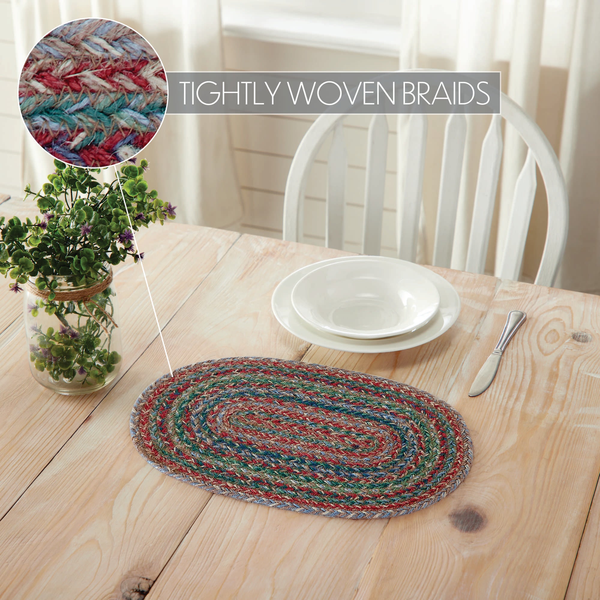 VHC Brands Beckham Jute Oval Placemat 10x15 Red Black Tan Braided Country Decor