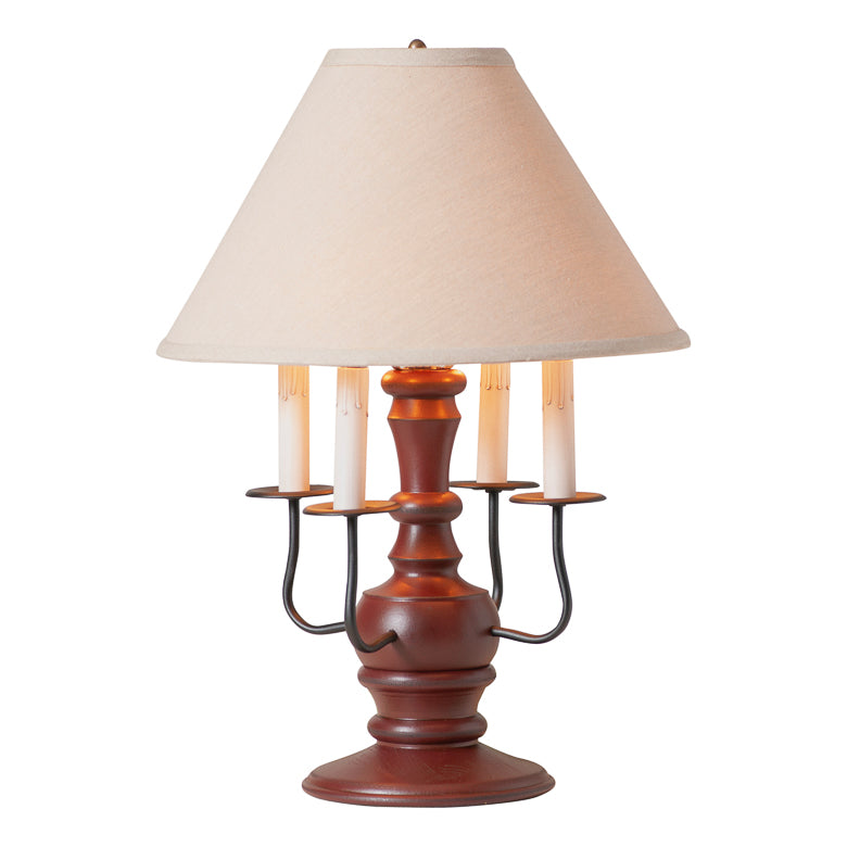 Cedar Creek Wood Table Lamp in Rustic Red with Ivory Linen Shade