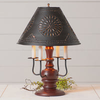 Cedar Creek Wood Table Lamp in Rustic Red with Metal Tapered Shade