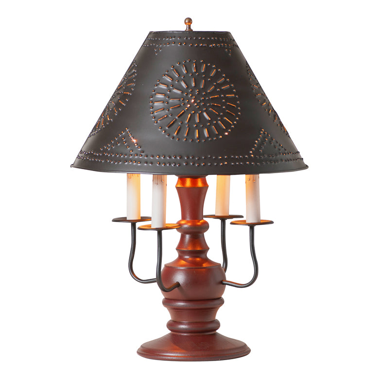 Cedar Creek Wood Table Lamp in Rustic Red with Metal Tapered Shade