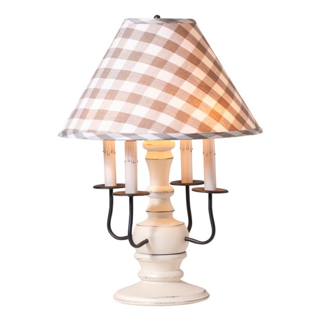 Cedar Creek Wood Table Lamp in Rustic White with Fabric Gray Check Shade