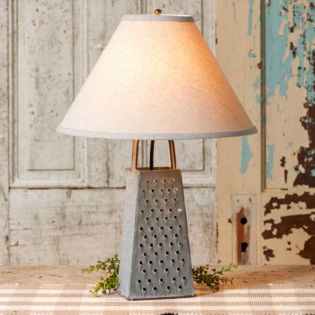 Cheese Grater Lamp with Ivory Linen Shade