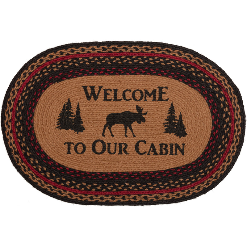 Cumberland Stenciled Moose Jute Rug Oval Welcome to the Cabin 20x30