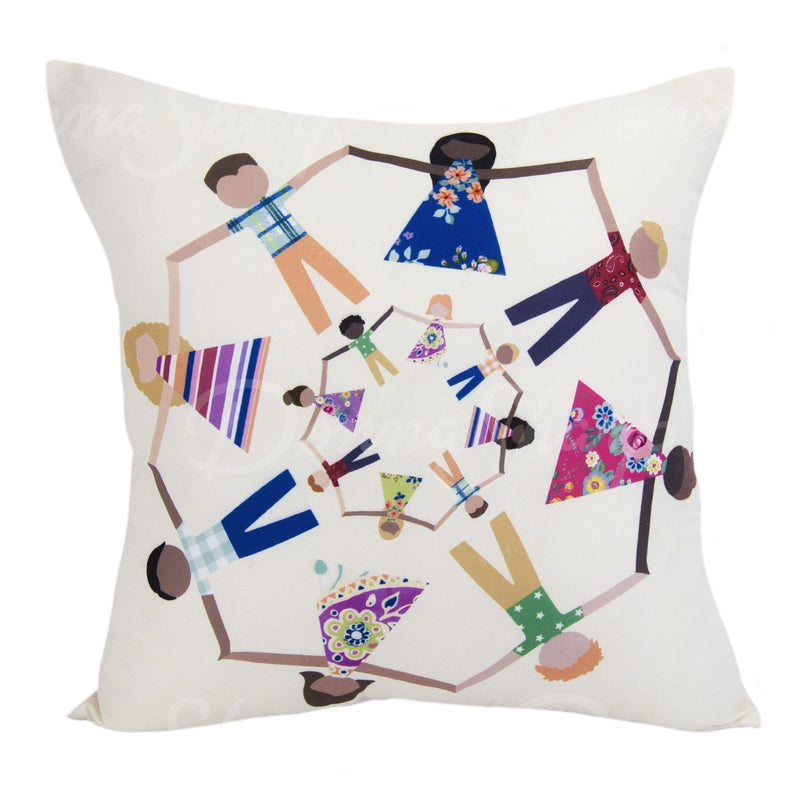 This whimsical pillow showcases people holding hands in a circle.